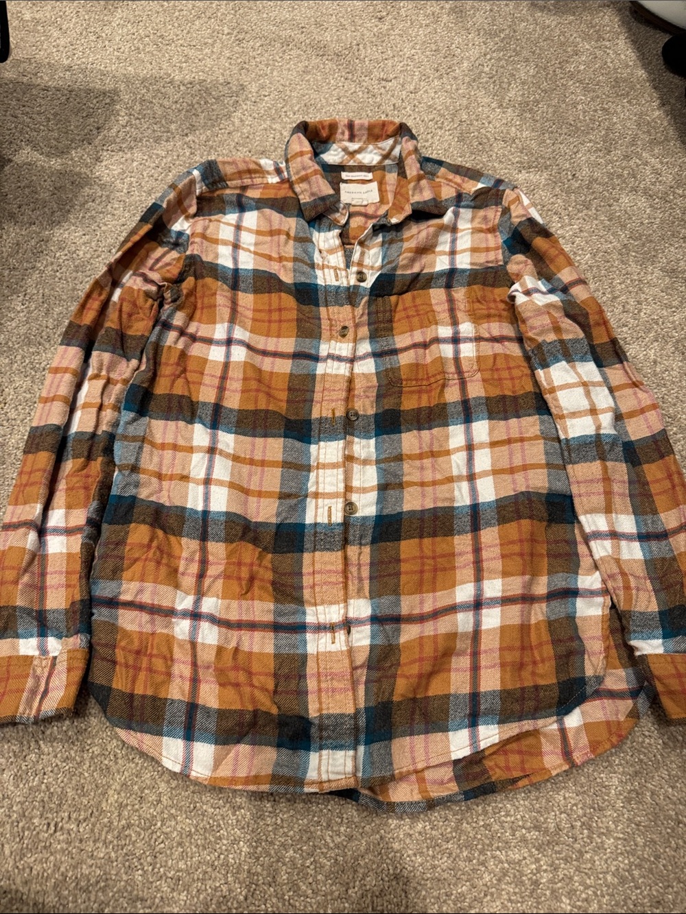 American Eagle Outfitters Plaid Button-Down in Rust, Blue & Cream